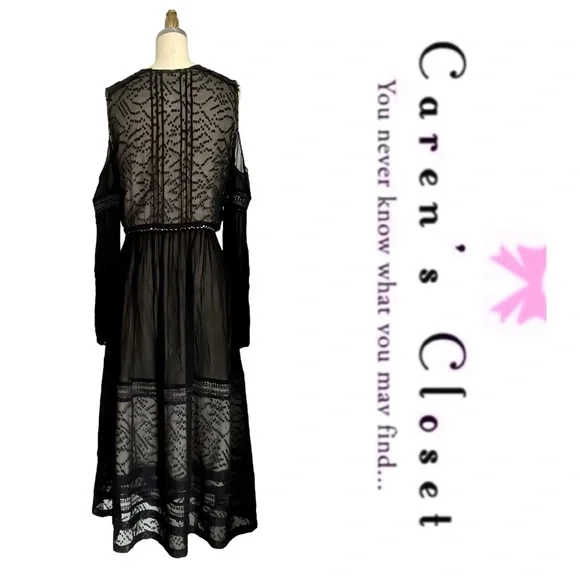 Karen Milan Black Chiffon Lace Cold Shoulder Midi Cocktail Dress - Picture 10 of 10